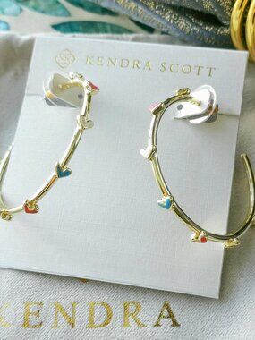 Kendra Scott Gold Hoop Earrings with Multicolor Heart Accents, Brand New